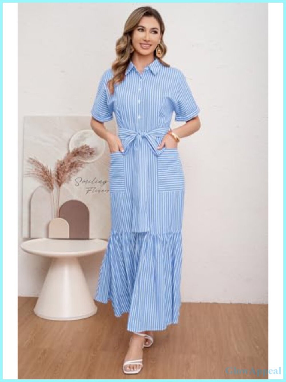 Striped Button Down Maxi Dress with Pockets Tie Waist Short Sleeve Shirt Dress - Picture 4 of 6